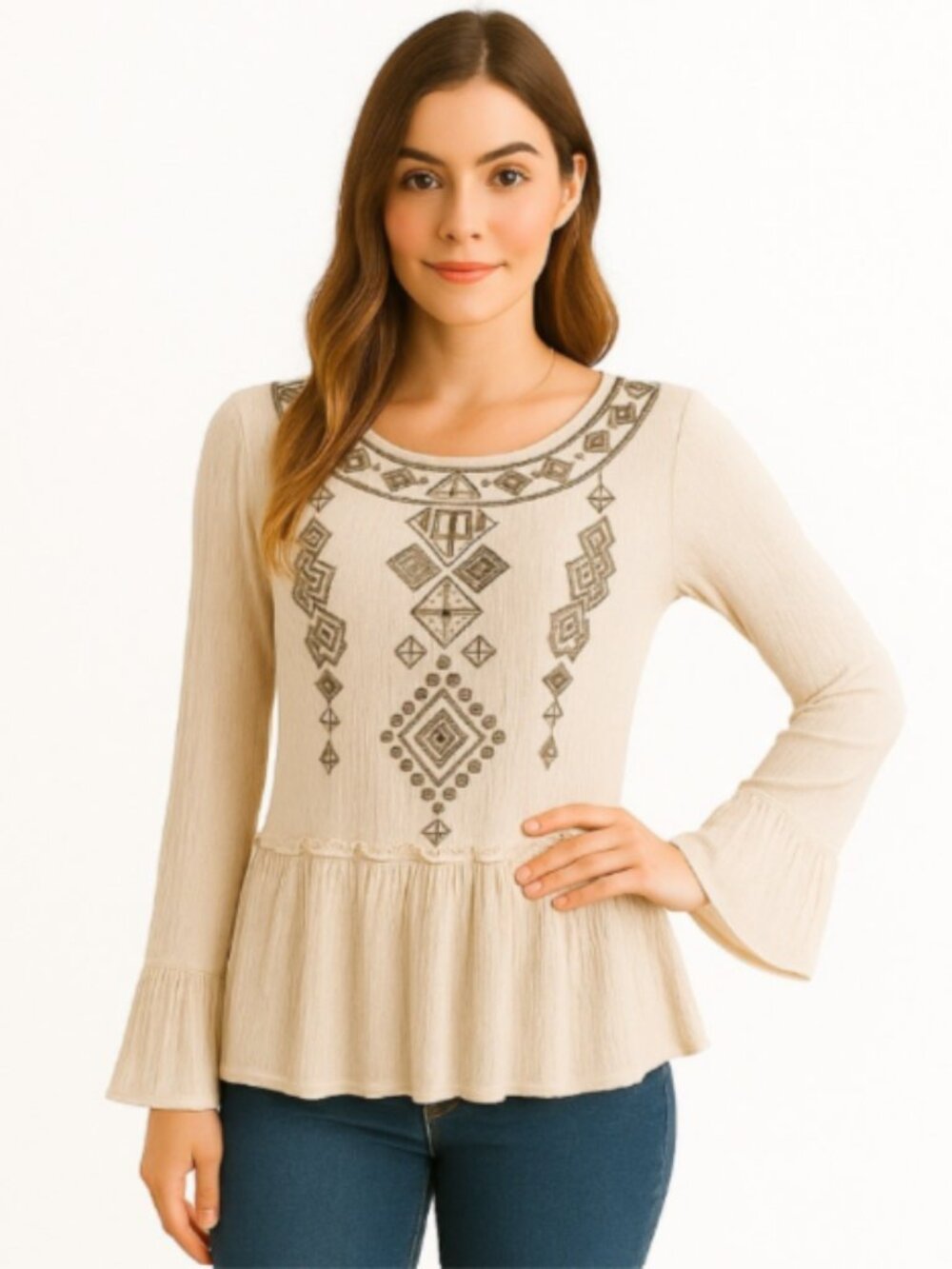 NEW POL Small Blouse Crinkled Cotton Blend Peplum Embroidered Aztec Design BOHO